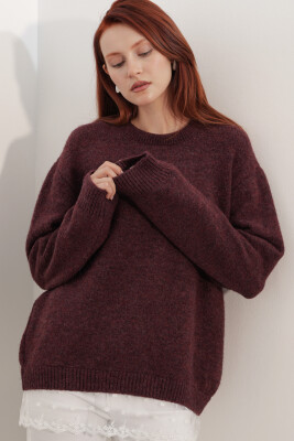 Kadın Tül Detaylı Oversize Triko Kazak 15968 - Bordo - 3