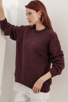 Kadın Tül Detaylı Oversize Triko Kazak 15968 - Bordo - 4