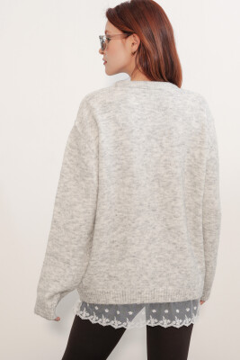 Kadın Tül Detaylı Oversize Triko Kazak 15968 - Ekru - 6