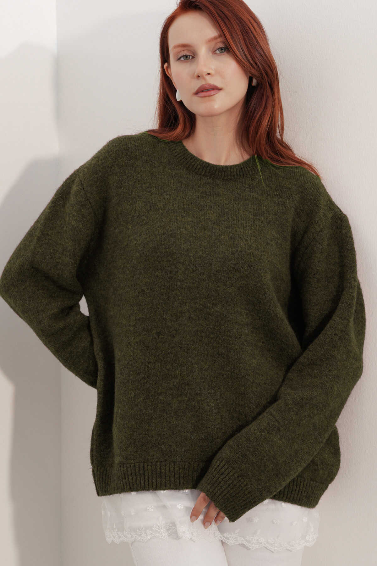 Kadın Tül Detaylı Oversize Triko Kazak 15968 - Haki - 1
