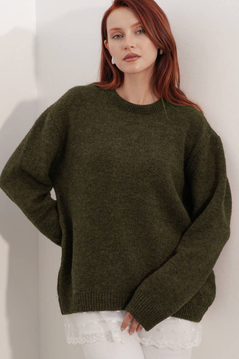 Kadın Tül Detaylı Oversize Triko Kazak 15968 - Haki