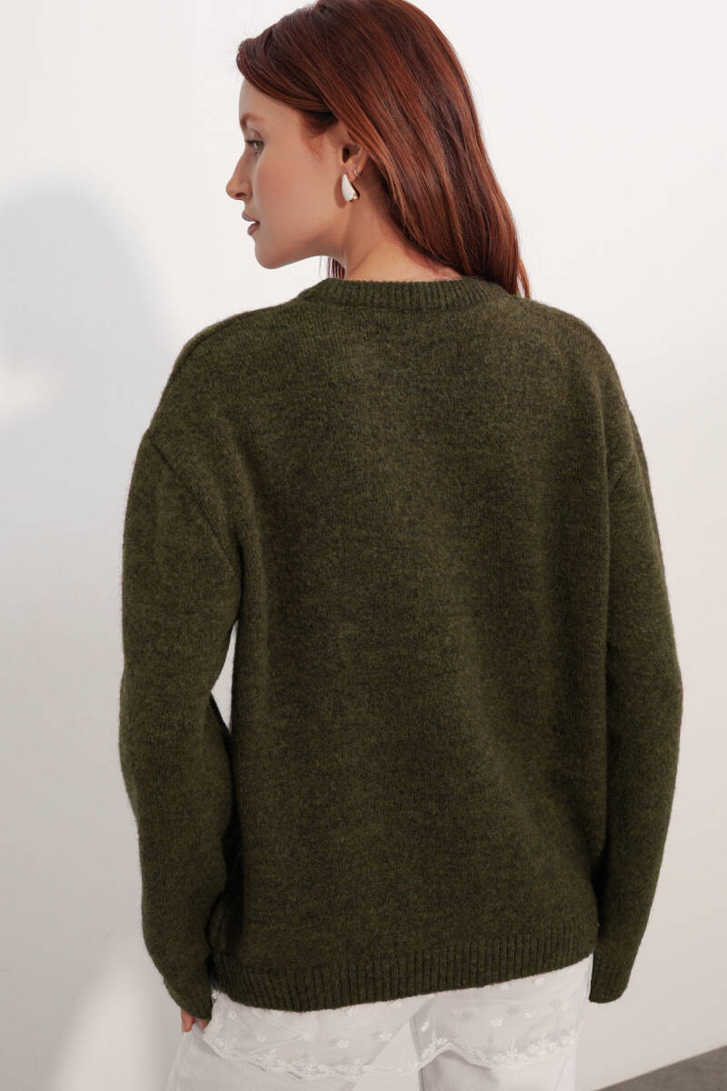 Kadın Tül Detaylı Oversize Triko Kazak 15968 - Haki (1)