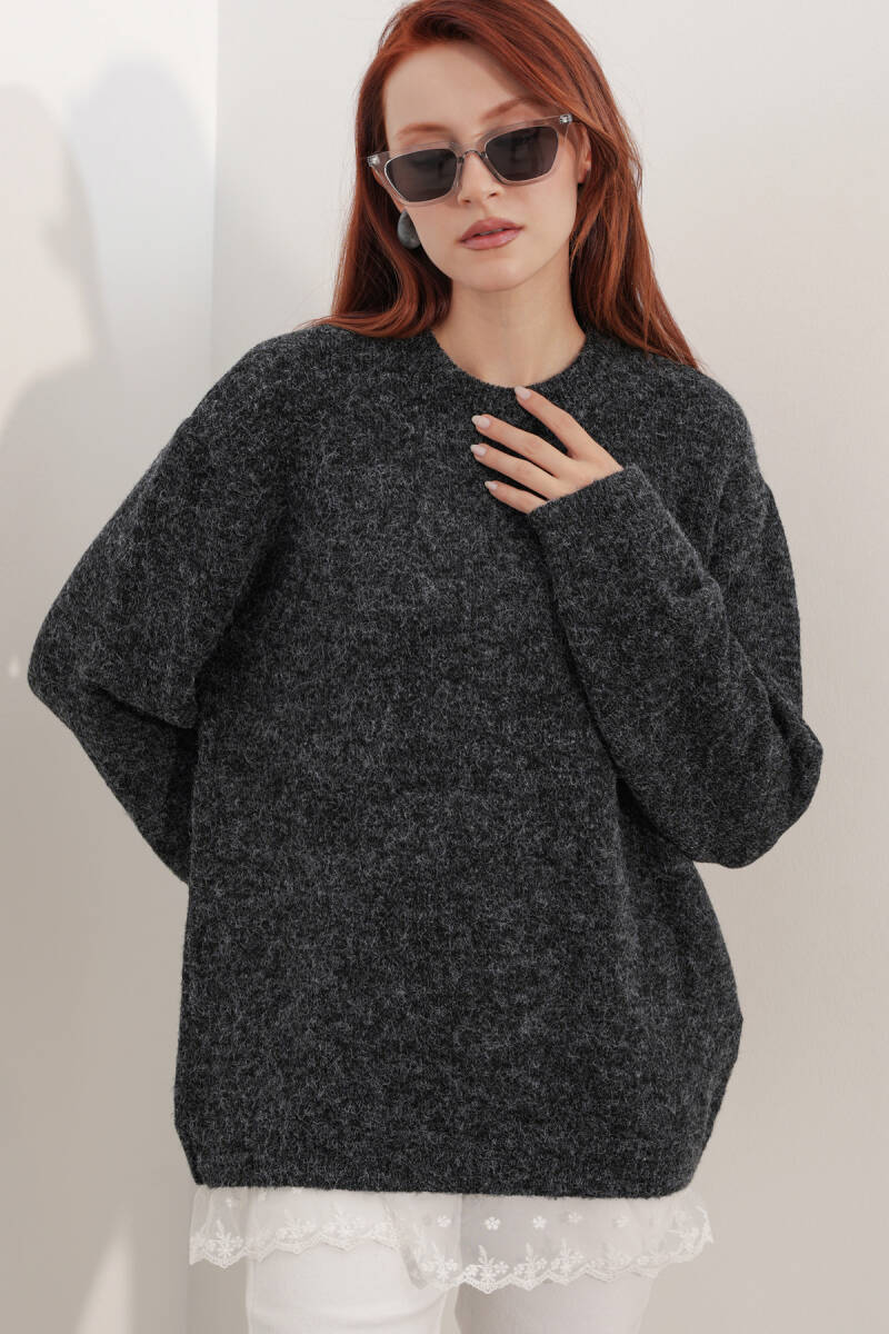Kadın Tül Detaylı Oversize Triko Kazak 15968 - Siyah