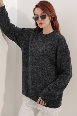 Kadın Tül Detaylı Oversize Triko Kazak 15968 - Siyah - 3