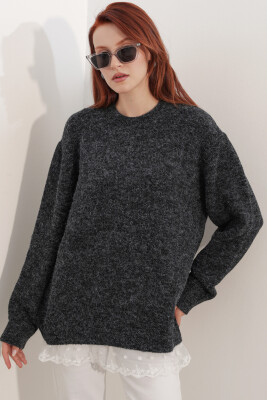 Kadın Tül Detaylı Oversize Triko Kazak 15968 - Siyah - 4