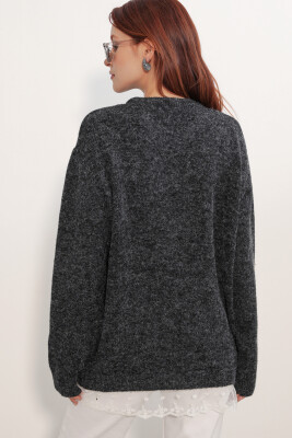 Kadın Tül Detaylı Oversize Triko Kazak 15968 - Siyah - 6