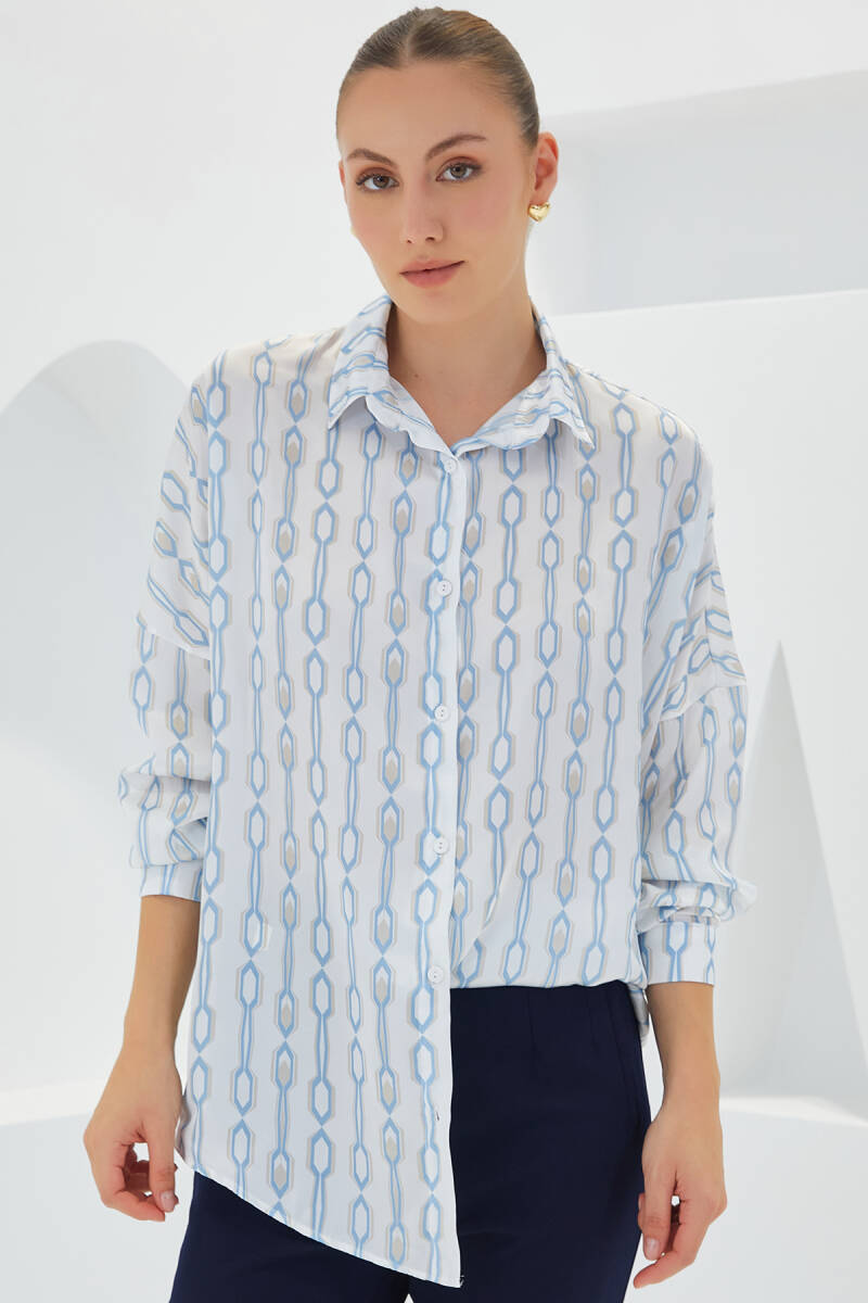 Kadın Turkuaz Beyaz Desenli Oversize Saten Gömlek 3985 - BİGDART