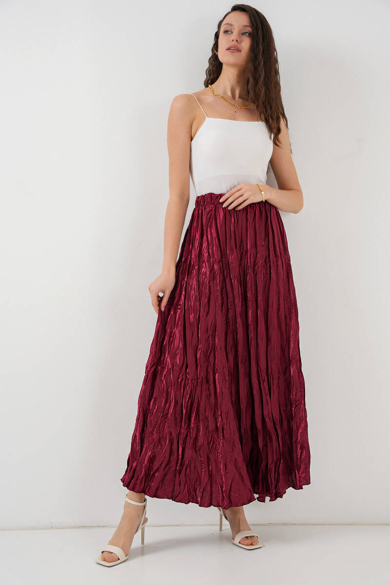 Kadın Uzun Kırışık Parlak Etek 8034 - Bordo - BİGDART