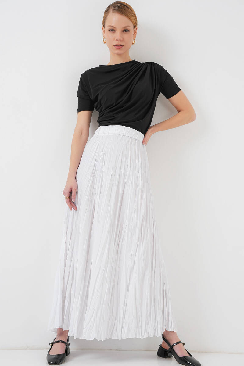 Kadın Uzun Kırışık Etek 8042 - Beyaz - BİGDART