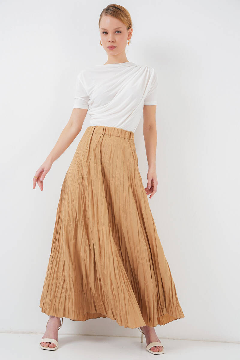 Kadın Uzun Kırışık Etek 8042 - Bisküvi - BİGDART