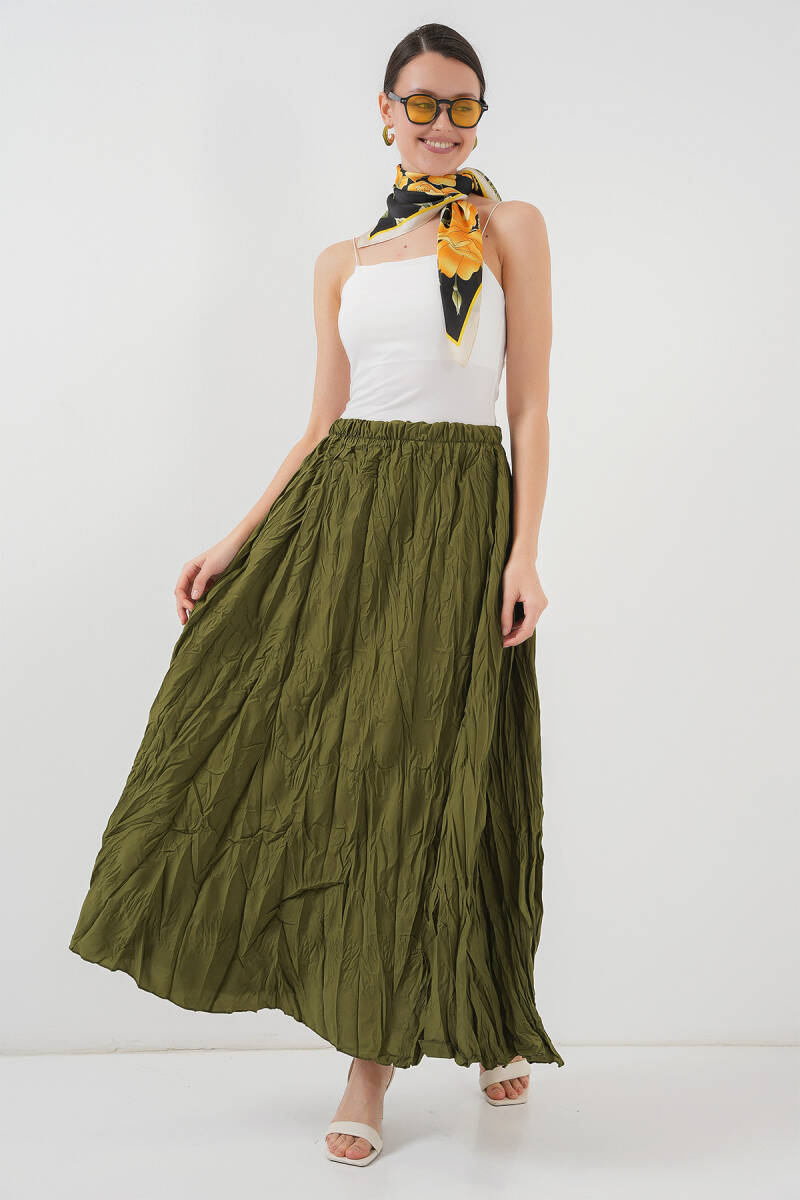 Kadın Uzun Kırışık Etek 8042 - Haki - BİGDART