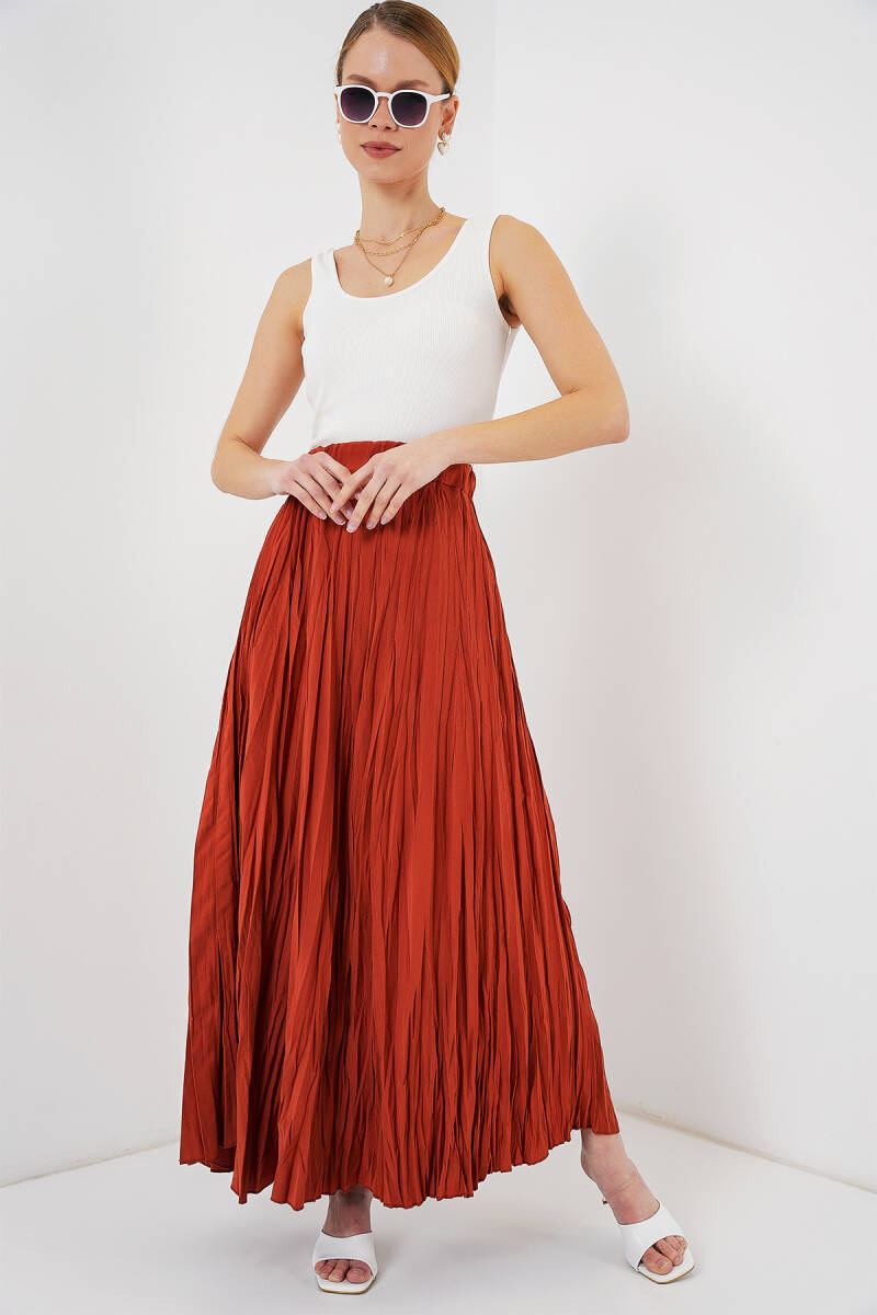 Kadın Uzun Kırışık Etek 8042 - Kiremit - BİGDART
