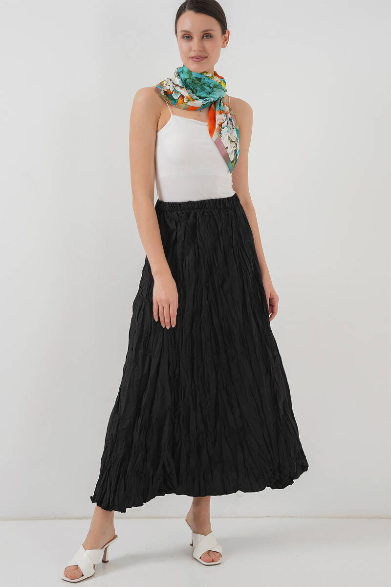 Kadın Uzun Kırışık Etek 8042 - Siyah - BİGDART