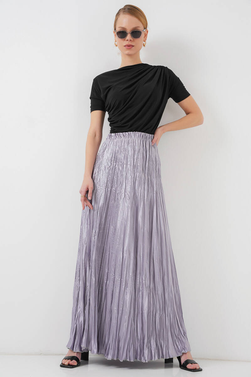 Kadın Uzun Kırışık Parlak Etek 8034 - Gri - BİGDART