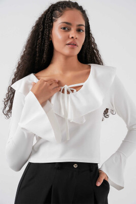 Kadın Uzun Kol Crop Bluz 979 - Beyaz - BİGDART