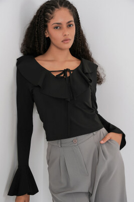 Kadın Uzun Kol Crop Bluz 979 - Siyah - 3
