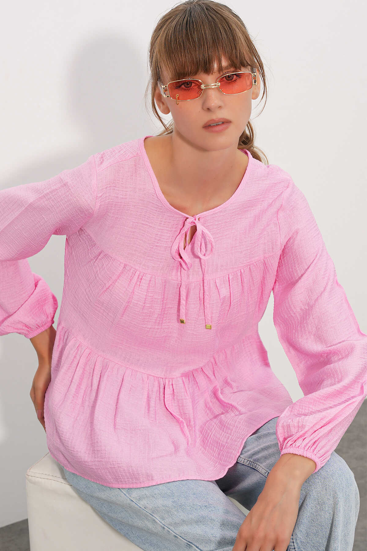 Kadın Uzun Kol Dokulu Bluz 998 - Pembe - 3