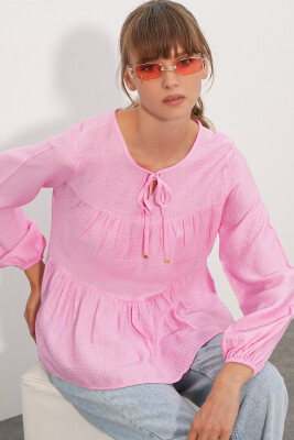Kadın Uzun Kol Dokulu Bluz 998 - Pembe - 3