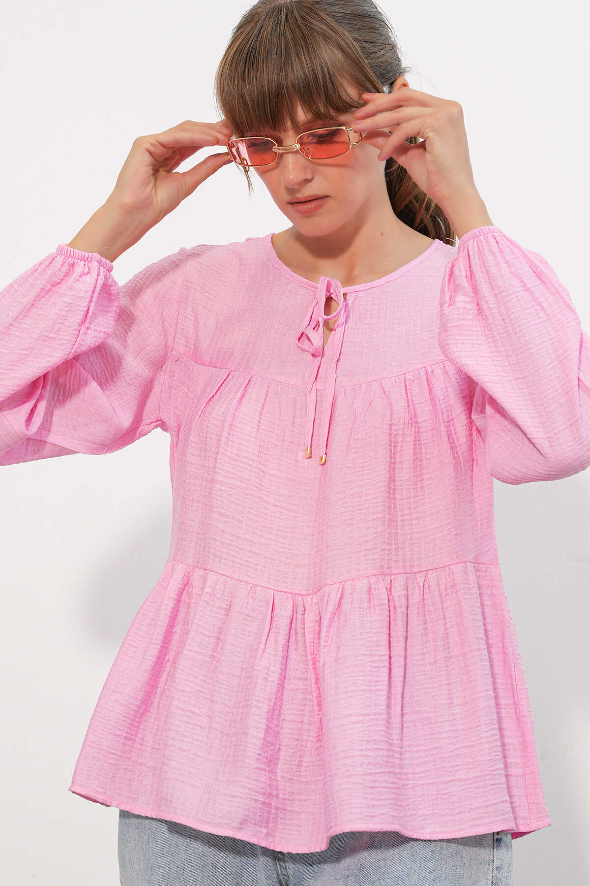 Kadın Uzun Kol Dokulu Bluz 998 - Pembe - 4
