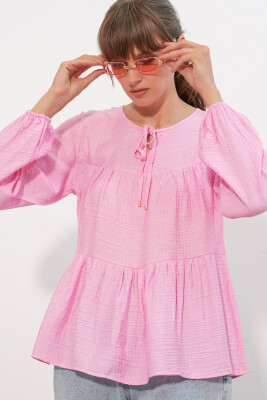 Kadın Uzun Kol Dokulu Bluz 998 - Pembe - 4