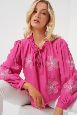 Kadın Uzun Kol Nakışlı Örme Bluz 951 - Pembe 