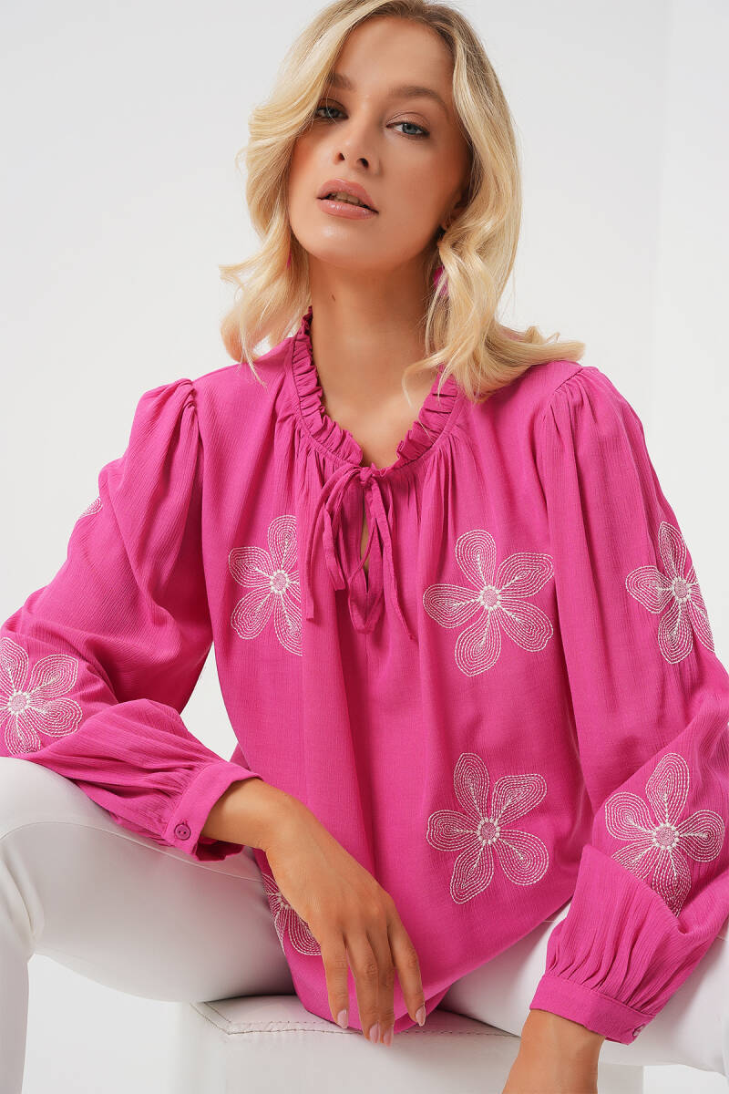 Kadın Uzun Kol Nakışlı Örme Bluz 951 - Pembe - BİGDART