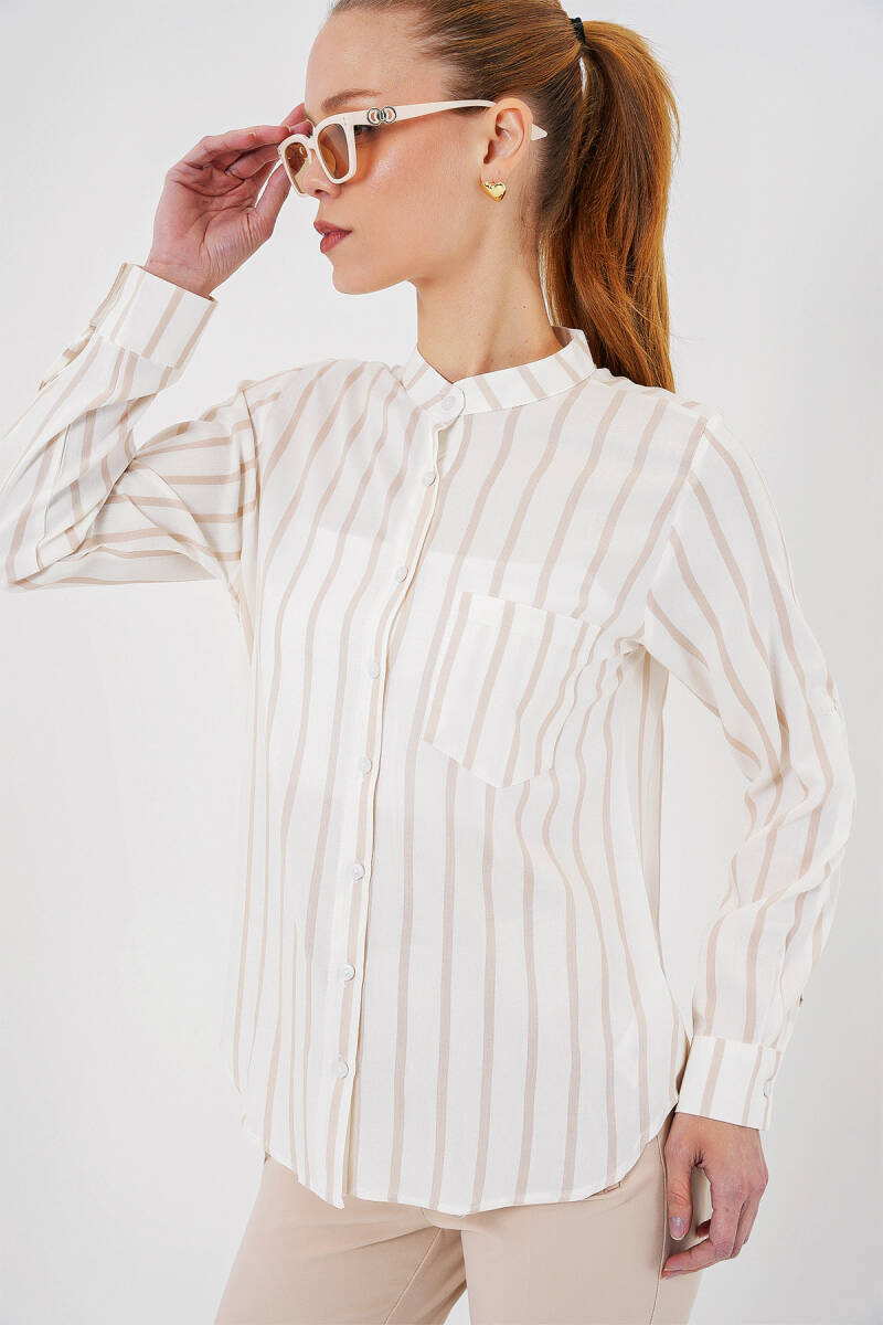 Kadın Uzun Kollu Çizgili Gömlek 20283 - Bej - BİGDART