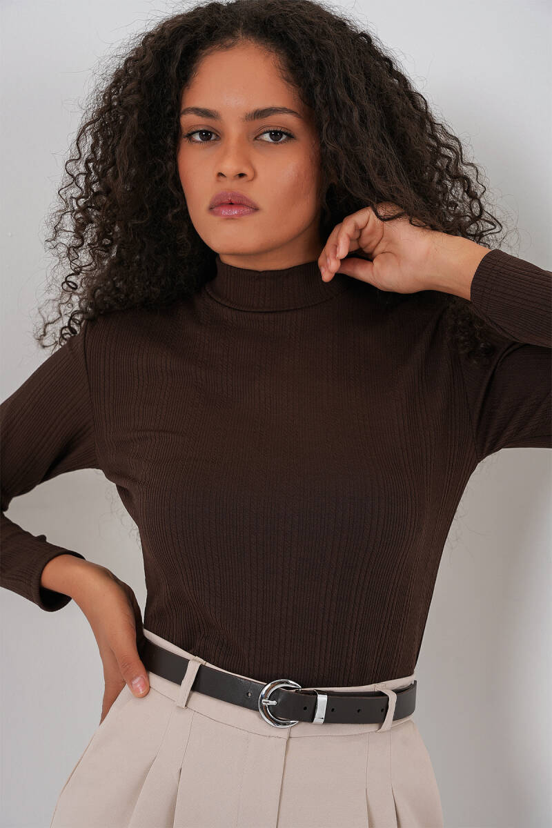 Kadın Uzun Kollu Fitilli Body 976 - Kahverengi - BİGDART