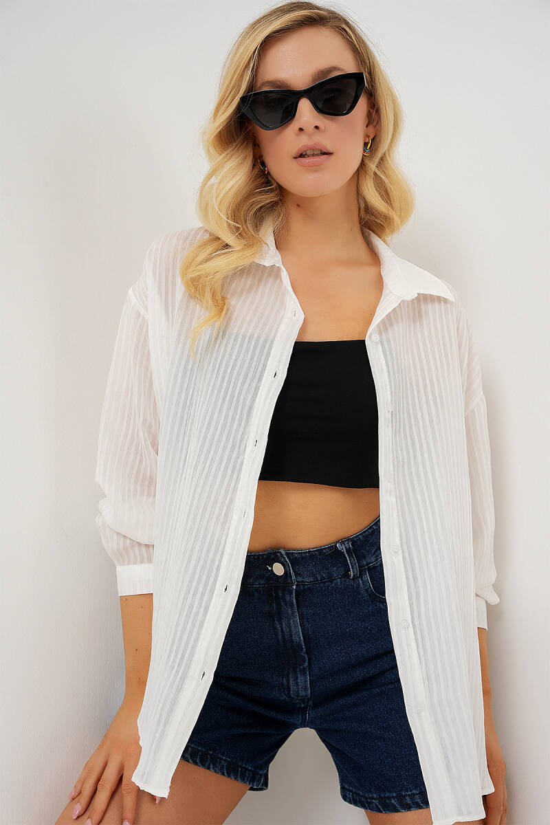 Kadın Uzun Oversize Gömlek 20320 - Beyaz - BİGDART