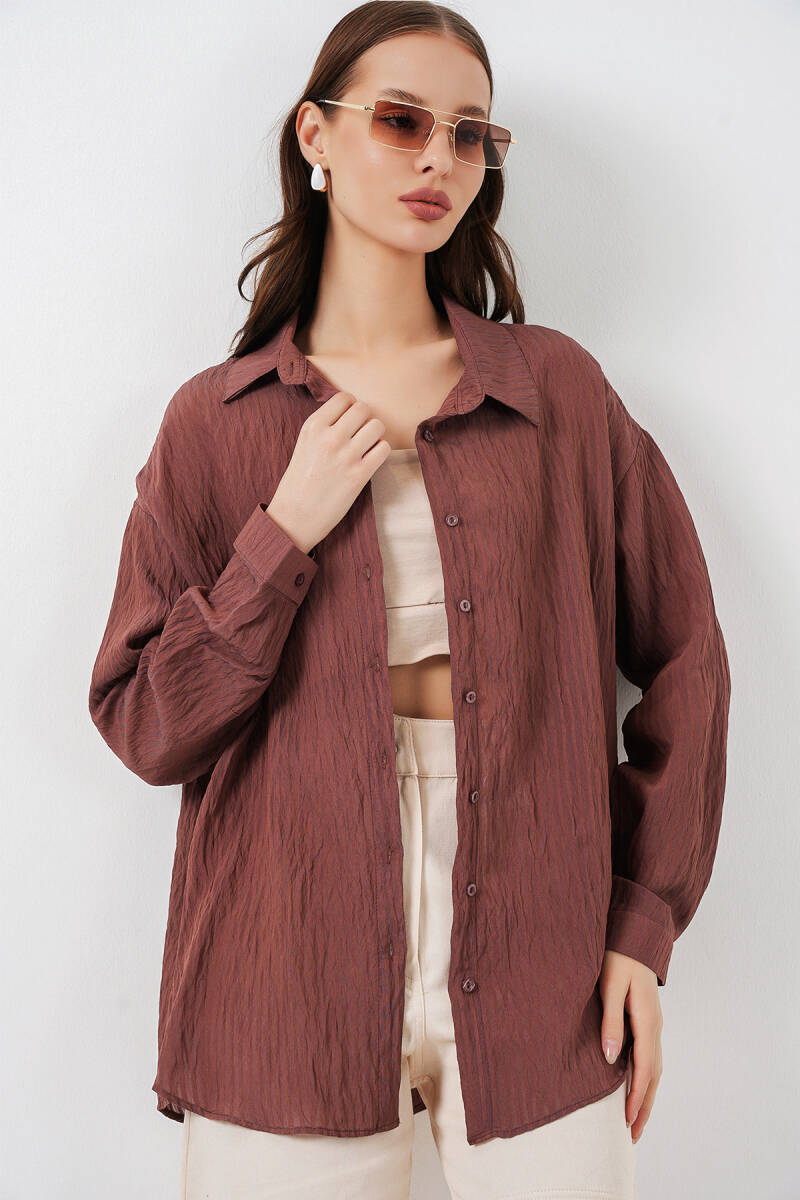 Kadın Uzun Oversize Gömlek 20320 - Kahverengi - BİGDART