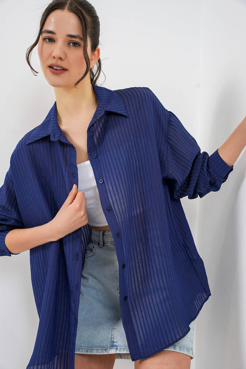 Kadın Uzun Oversize Gömlek 20320 - Lacivert - BİGDART