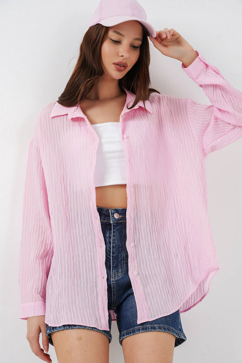 Kadın Uzun Oversize Gömlek 20320 - Pudra - BİGDART