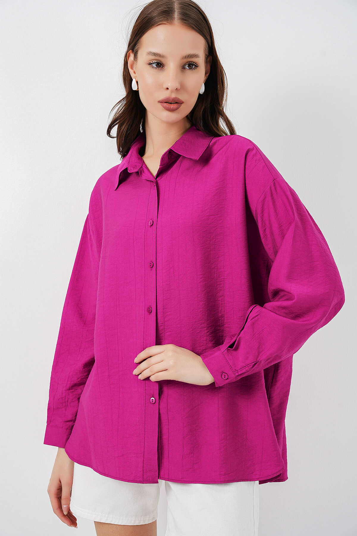 Kadın Uzun Oversize Gömlek 20334 - Koyu Pembe - 1