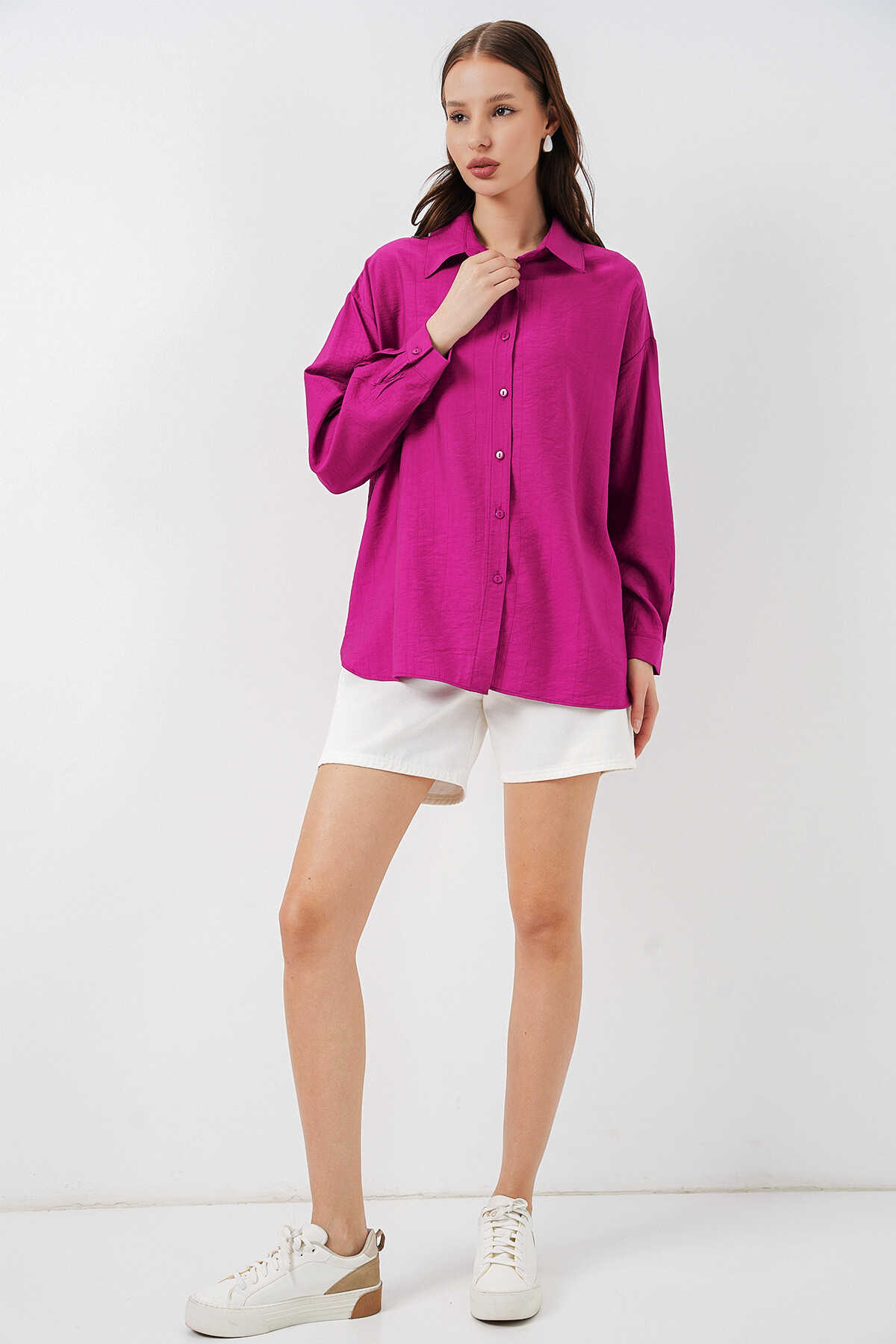 Kadın Uzun Oversize Gömlek 20334 - Koyu Pembe - 2