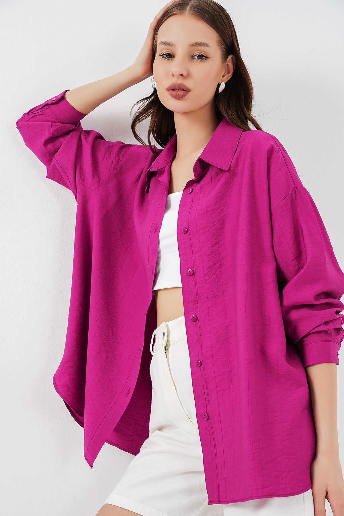 Kadın Uzun Oversize Gömlek 20334 - Koyu Pembe - 3