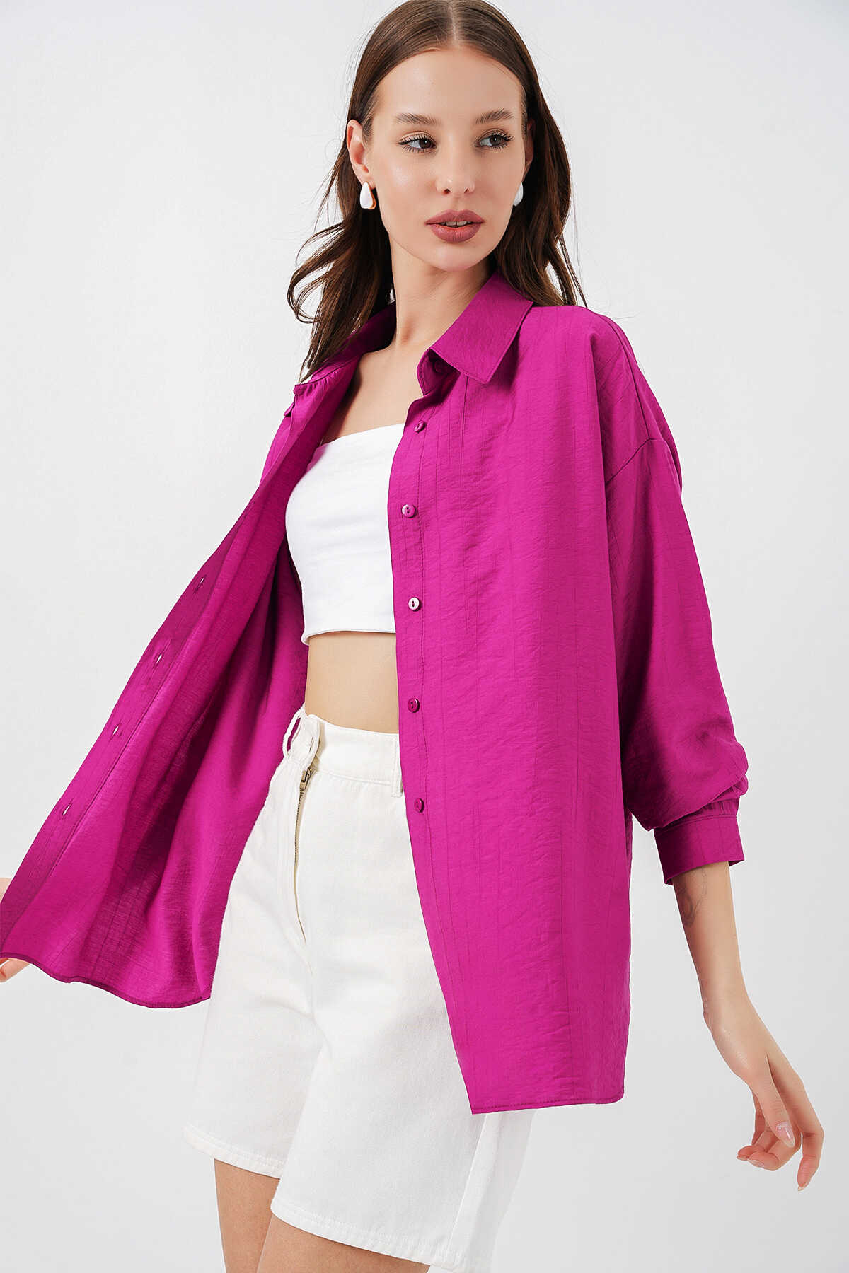 Kadın Uzun Oversize Gömlek 20334 - Koyu Pembe - 4