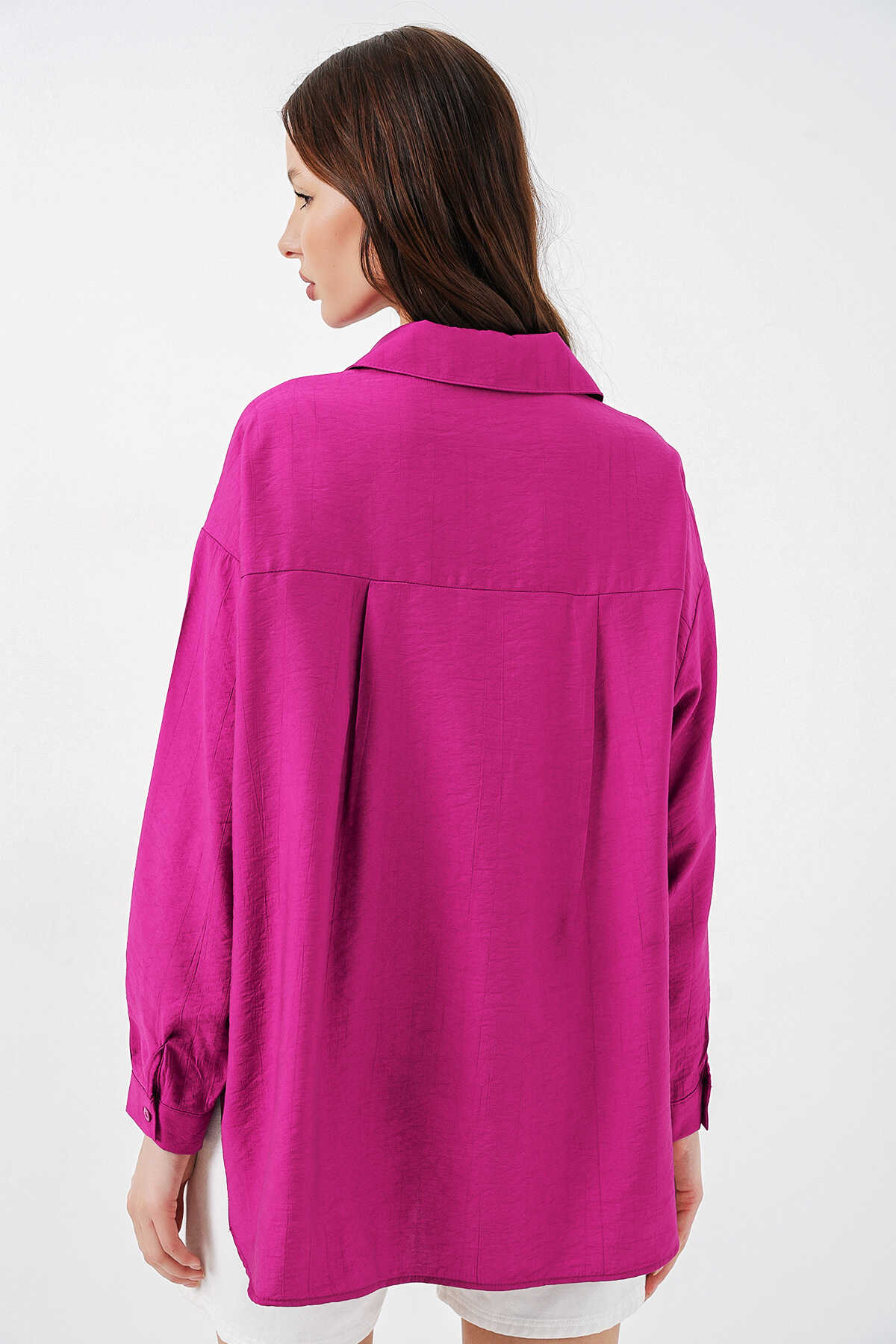 Kadın Uzun Oversize Gömlek 20334 - Koyu Pembe - 6