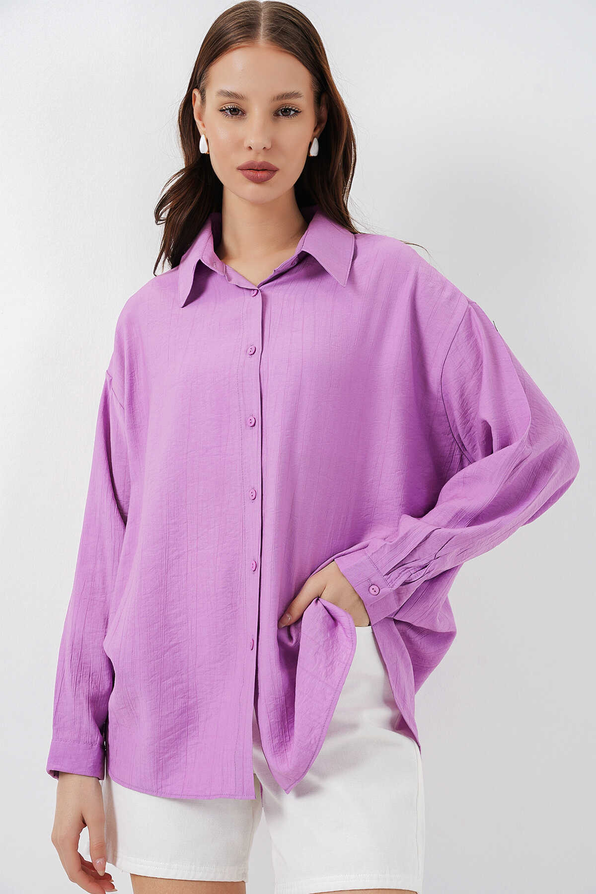 Kadın Uzun Oversize Gömlek 20334 - Lila - 1