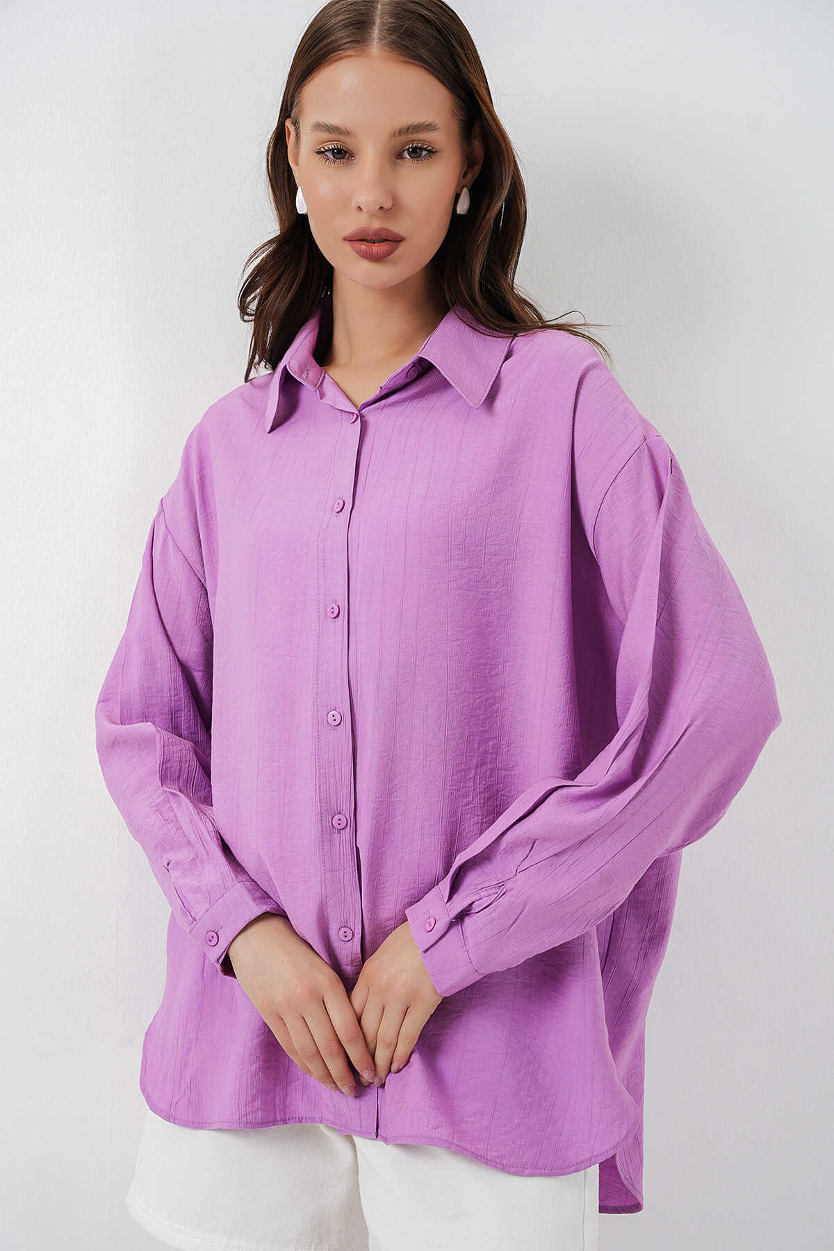 Kadın Uzun Oversize Gömlek 20334 - Lila - 3