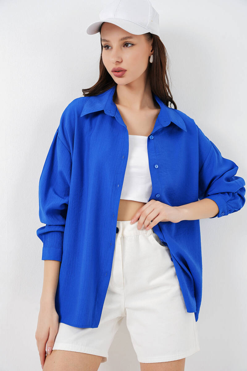 Kadın Uzun Oversize Gömlek 20334 - Saks - BİGDART
