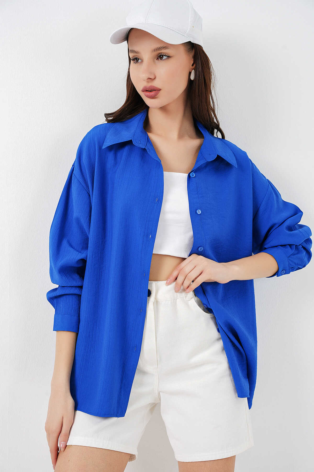 Kadın Uzun Oversize Gömlek 20334 - Saks - 1