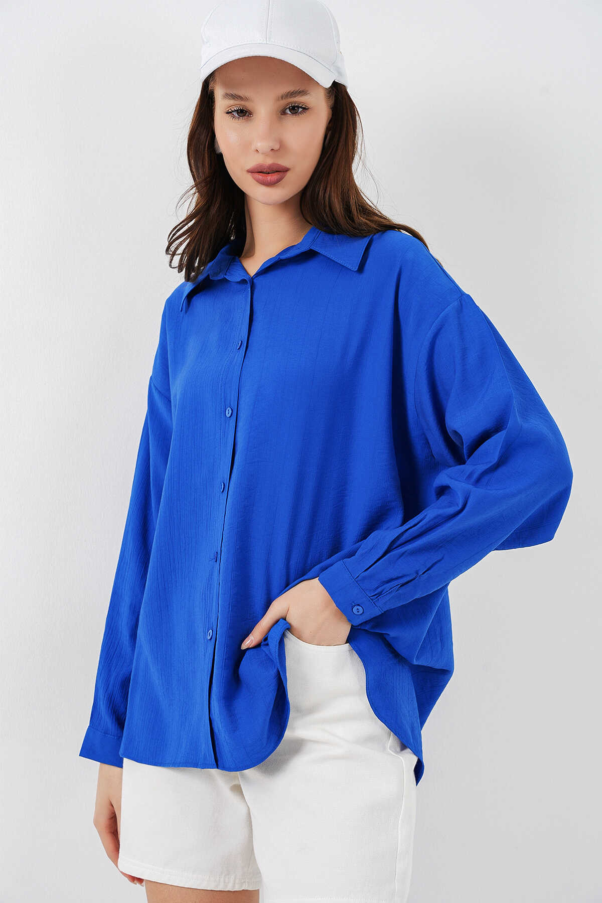 Kadın Uzun Oversize Gömlek 20334 - Saks - 3