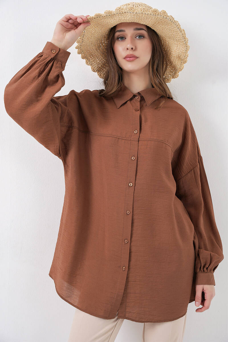Kadın Uzun Oversize Gömlek 5965 - Sütlü Kahve - BİGDART