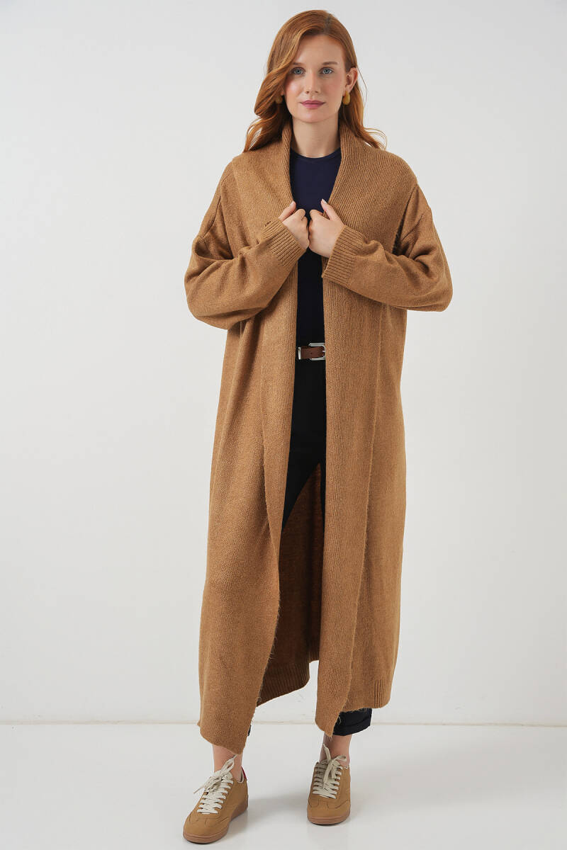 Kadın Uzun Oversize Triko Hırka 15924 - Hardal - BİGDART