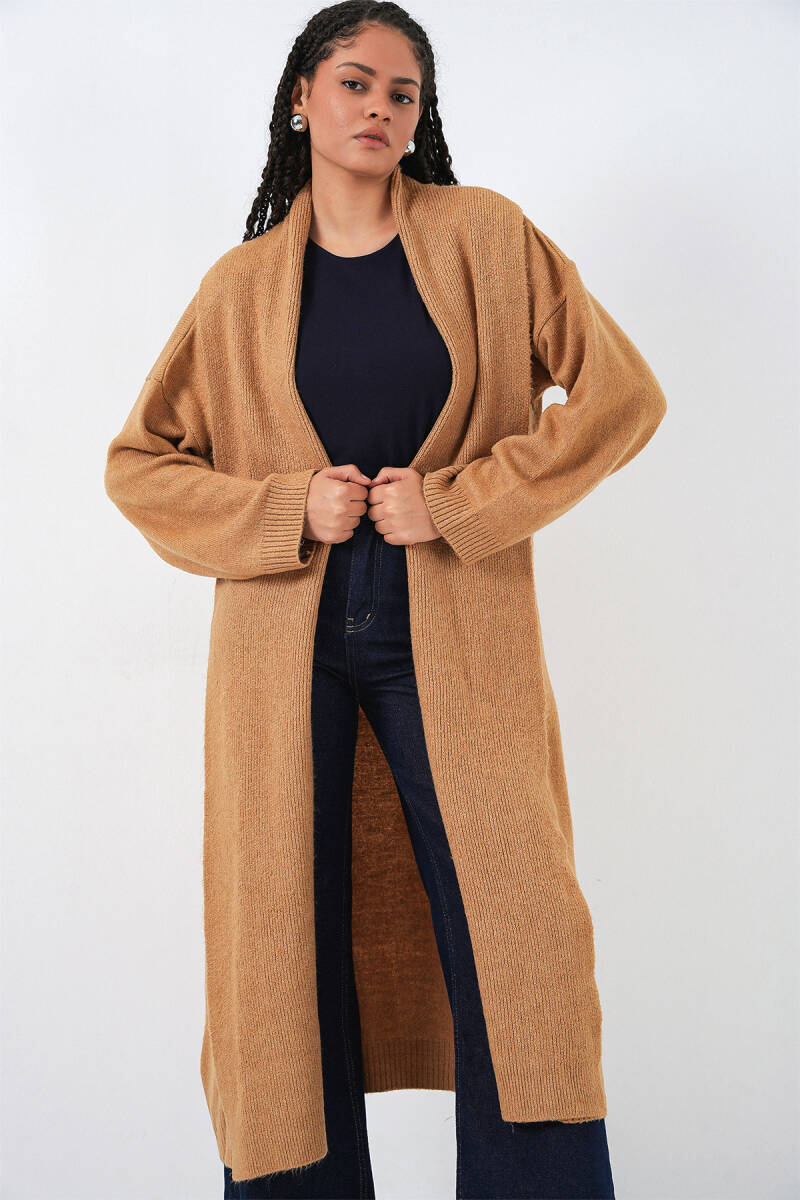 Kadın Uzun Oversize Triko Hırka 15924 - Hardal - BİGDART