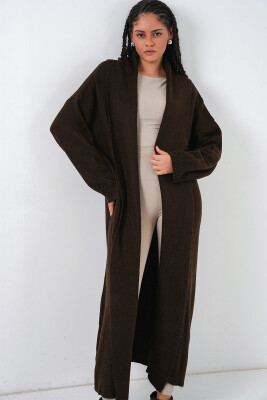 Kadın Uzun Oversize Triko Hırka 15924 - Kahverengi 