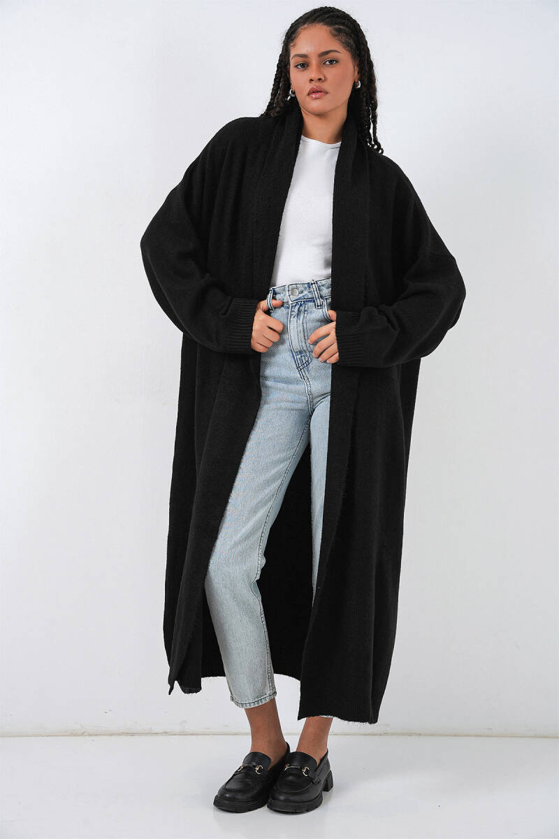 Kadın Uzun Oversize Triko Hırka 15924 - Siyah - BİGDART