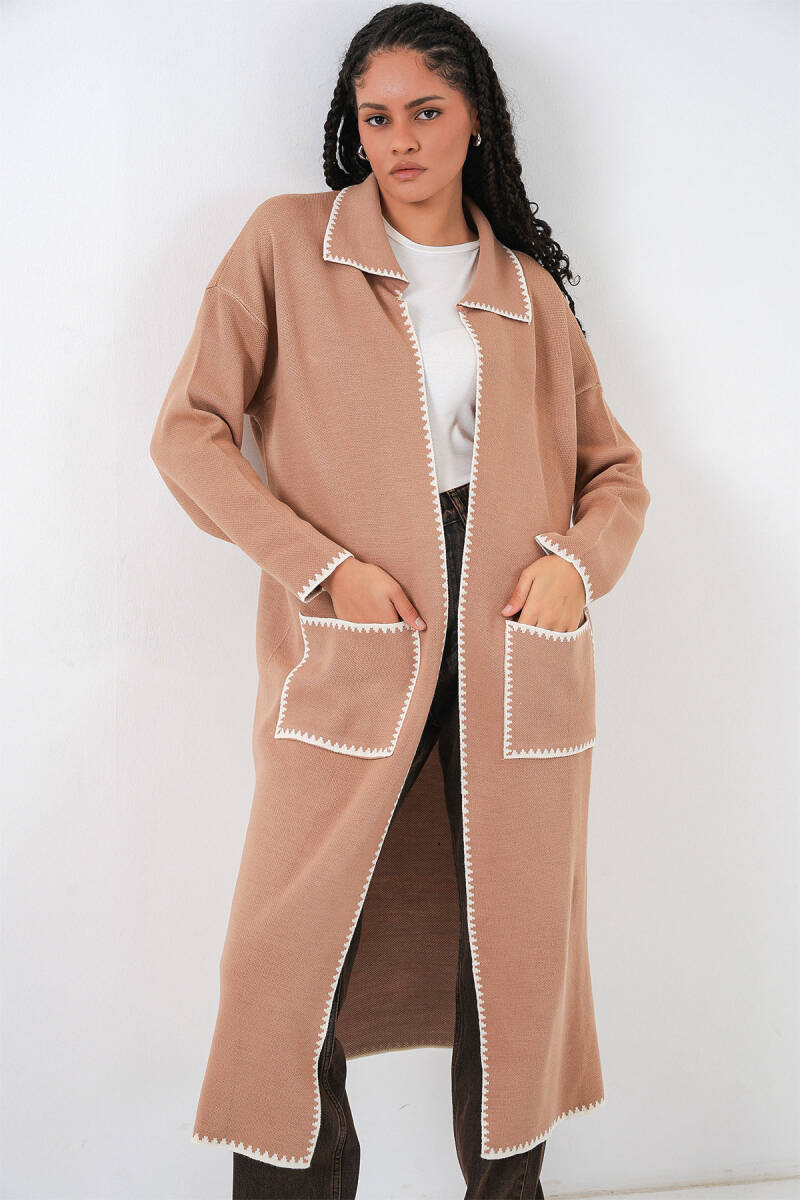 Kadın Uzun Oversize Triko Hırka 15962 - Camel - BİGDART