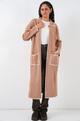 Kadın Uzun Oversize Triko Hırka 15962 - Camel - 2