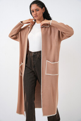 Kadın Uzun Oversize Triko Hırka 15962 - Camel - 3
